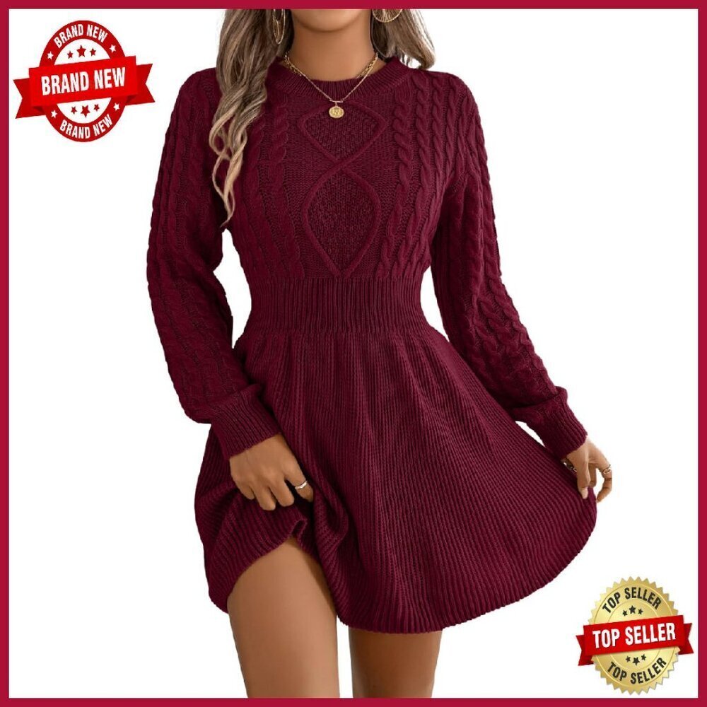 Short Sweater Dress Cable Knit Long Sleeve Cinched Waist Casual